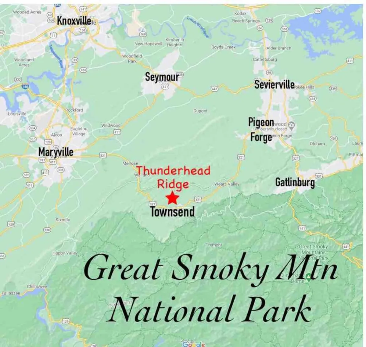 This expansive view captures the dramatic landscapes of Great Smoky Mountain National Park, with rolling ridges, lush valleys, and nearby Townsend. The scenery promises countless opportunities for hiking, wildlife watching, and exploration.