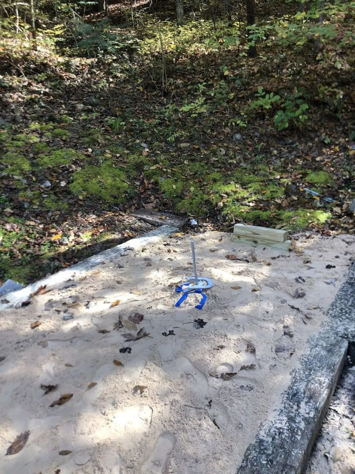 A sand area surrounded by trees and scattered leaves, ideal for playful outdoor activities. The blue clamp hints at available games and interactive experiences.