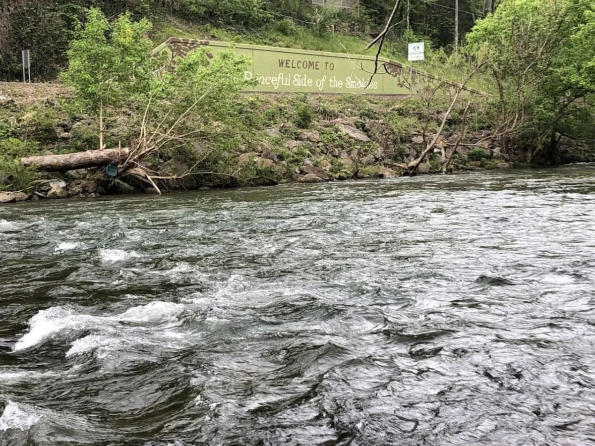 A serene riverside setting with a welcome sign, lush greenery, flowing water, and natural rocks. The area invites guests to enjoy fishing, picnicking, or simply relaxing by the river, while the surrounding foliage and sunlight suggest seasonal beauty.